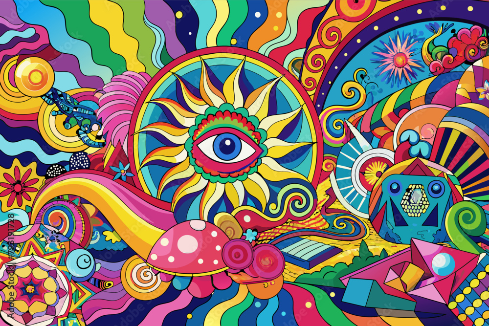 Poster a collage template with a psychedelic aesthetic, featuring bright colors and swirling patterns.
