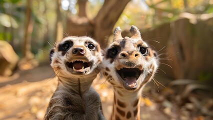 A comical meerkat and giraffe making funny faces to make you laugh. Concept Funny Animal Faces, Comical Meerkat, Silly Giraffe, Laugh Out Loud,  Hilarious Expressions
