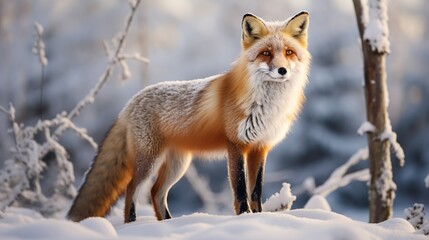 A red fox stands in a snowy landscape surrounded by bare trees, showcasing the beauty of wildlife during winter