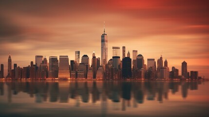 A breathtaking Manhattan skyline under a fiery sky reflected in the calm waters, highlighting the...