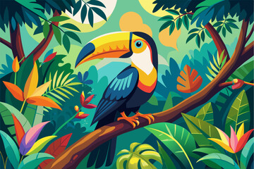 Fototapeta premium A colorful toucan perched on a branch in the rainforest