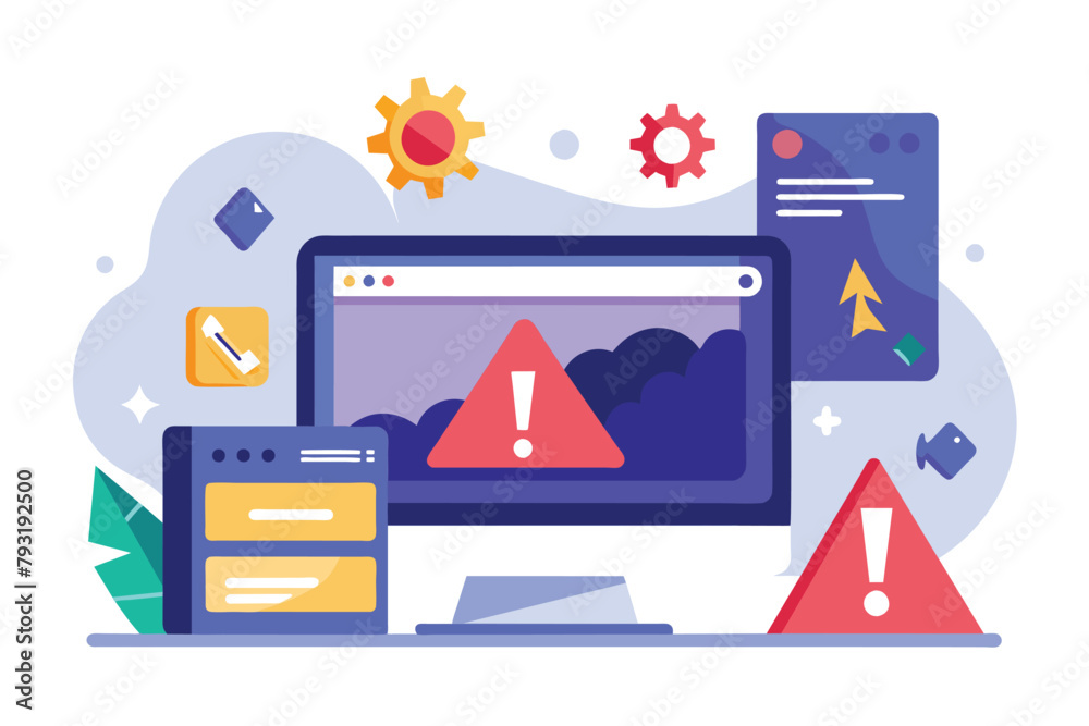 Poster computer screen with warning sign, internet network warning error page error or internet not found o
