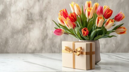 Celebrate International Women s Day with a stunning display of vibrant spring tulips arranged elegantly in a vase and gift box adorning a marble table against a soft light background