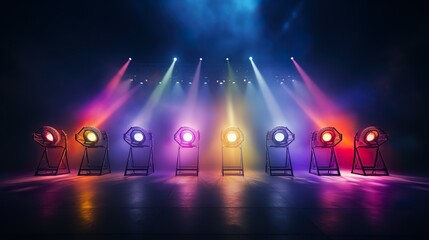 A vibrant image showcasing a range of stage lights with colored fog creating a dramatic effect,...