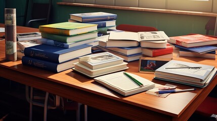 Meticulously arranged textbooks beside study materials on a desk under soft lighting portray a dedicated study environment