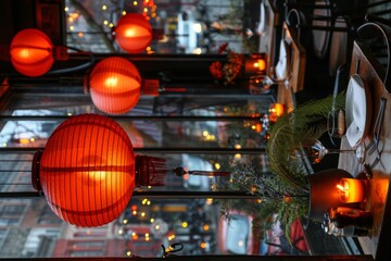 A restaurant with red lanterns hanging from the ceiling, AI