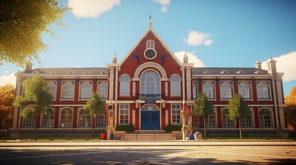 Majestic old red-brick schoolhouse with large windows and clock tower basked in golden hour light offers a sense of heritage