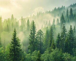 Panoramic view of coniferous forest on sunny day with misty tree tops in high quality