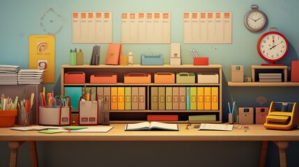 Display of an organized office space featuring retro-inspired stationery items and a nostalgic, orderly ambience