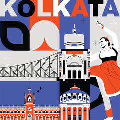 Kolkata culture travel set, famous architectures and specialties in flat design. Business travel and tourism concept clipart. Image for presentation, banner, website, advert, flyer, roadmap, icons