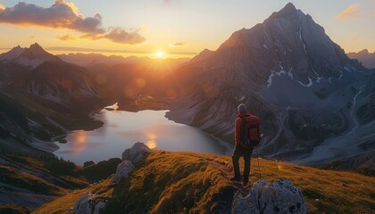 Obraz premium Sunset at mountain lake zittauerhuette refuge gerlossee pinzgau salzburg austria