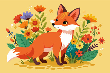 A curious red fox kit sniffs a bouquet of colorful wildflowers.