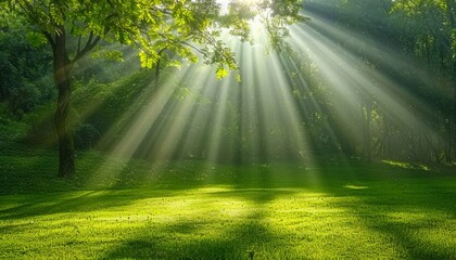 Scenic view of sunlight filtering through trees on a sunny day in lush green forest