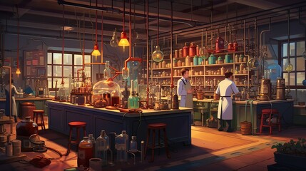 A vibrant, animated scene depicting a modern science lab with two scientists working on various...