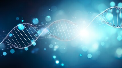 A visually captivating 3D illustration of a DNA double helix sparkling with light on a soft blue bokeh background