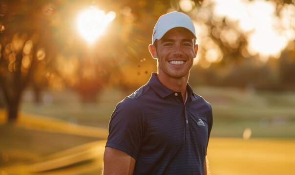 Male golfer wearing golf uniform smiling brightly on a blurred background - Powered by Adobe