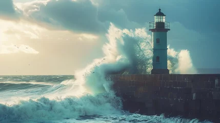 Wandcirkels aluminium Waves crashing against the lighthouse © PhotoHunter