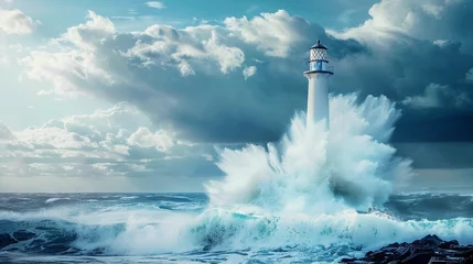 Rolgordijnen Waves crashing against the lighthouse © PhotoHunter