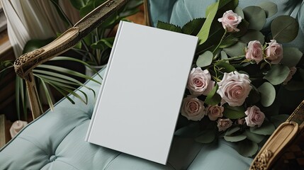 a white book with a blank cover mockup elegantly placed on a stylish chair, accompanied by a beautiful bouquet of roses.