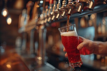 A closeup of hands pouring red beer from the tap into a glass with a blurred bar background Generative AI
