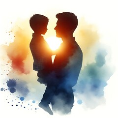 Father and Son: Beautiful Watercolor Silhouette Drawing. Father's Day Concept. - obrazy, fototapety, plakaty