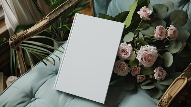 a white book with a blank cover mockup elegantly placed on a stylish chair, accompanied by a beautiful bouquet of roses.