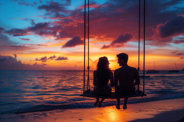 Fototapeta premium Couple on Beach Swing at Sunset