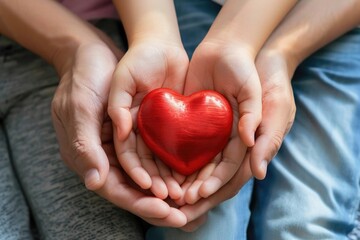Hands Red. Donate Life Insurance and Health Wellness Concept with Family Holding Red Heart