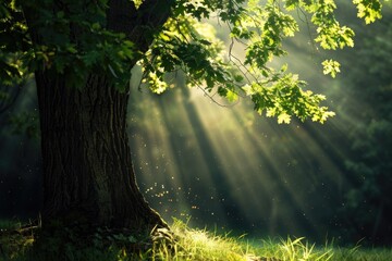 Tree Sunlight. Maple Tree in Green Forest with Sunbeams and Leaves