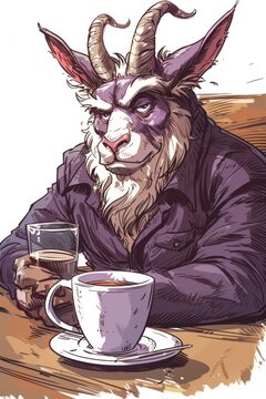 A goat with a beard sitting at the table drinking coffee, AI