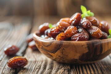 Fresh and Glossy Dates in a Rustic Wooden Bowl.