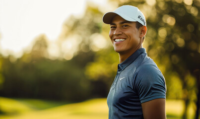 Male golfer wearing golf uniform smiling brightly on a blurred background