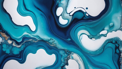 Abstract Liquid Fluid Art Painting Background with Alcohol Ink Technique in Deep Blue and Teal Cool Tone Colors.