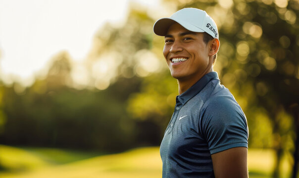 Male golfer wearing golf uniform smiling brightly on a blurred background
