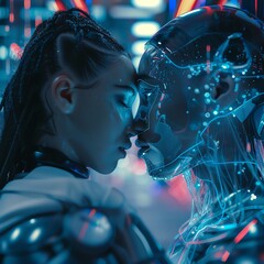 Experience a futuristic love story with a high-angle view of two characters intertwined in a holographic embrace Incorporate unexpected camera angles to capture the intensity of their connection, usin