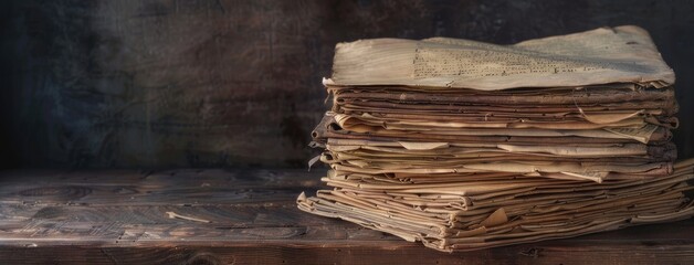a stack of grungy, rustic brown psalm prayers and Torah law letters on a dark, wooden desk with ample space. - obrazy, fototapety, plakaty