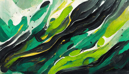 Colorful abstract background with pop of black and green color. Acrylic paints. Hand drawn art