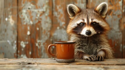 A raccoon sitting next to a coffee cup on top of wood, AI