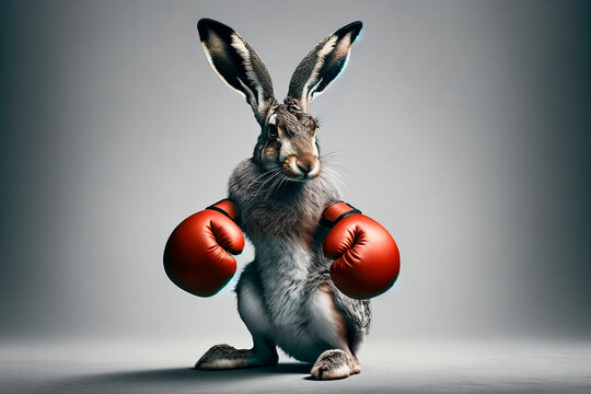 A hare in boxing gloves stands on his hind legs on a gray background