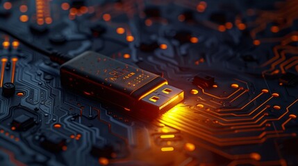 Secure USB Drive on Illuminated Circuit Board - obrazy, fototapety, plakaty