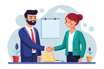 A lawyer and client shake hands in front of a whiteboard after discussing a contract, Lawyer contract handshake with client, Simple and minimalist flat Vector Illustration