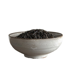 A transparent background showcases a bowl of black wild rice set against a rustic wooden surface