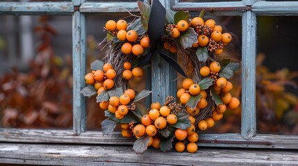   A window sill adorned with a wreath, bearing leaves and berries, dangle enticingly from its front edge, while more cascade down the side