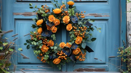   A blue door adorned with an orange wreath of flowers and berries, flanking the house's front entrance