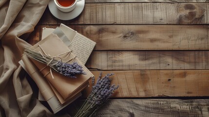 books wrapped in craft paper covers, adorned with delicate lavender flowers, and accompanied by a steaming cup of tea on a wooden table.