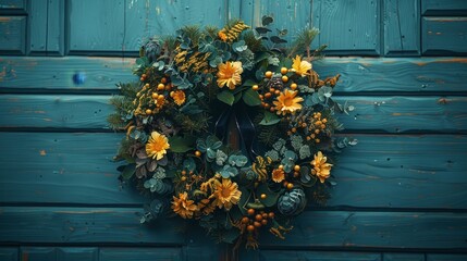   A wreath adorns the blue wooden door, featuring green leaves and golden flowers