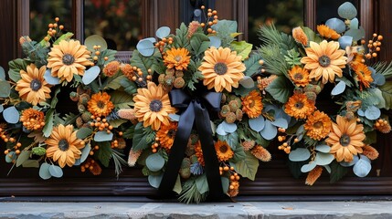   A tight shot of a windowsill adorned with a wreath, featuring sunflowers and assorted blooms in the foreground
