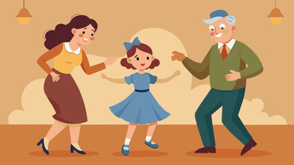 A young girl teaches her grandparents how to dance to swing music dressed in s attire as they reminisce about their experiences during the