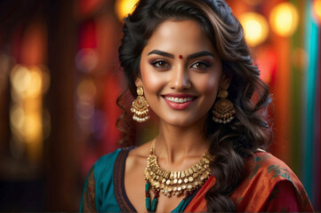 Fototapeta premium Front close up portrait of young smiling elegant Indian princess with brown wavy hair and ornaments looking at the camera, vivid red colours, blurred out of focus background
