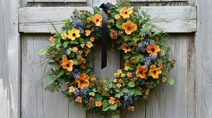   A wreath adorns a wooden door, featuring orange and blue blooms A black bow graces its front